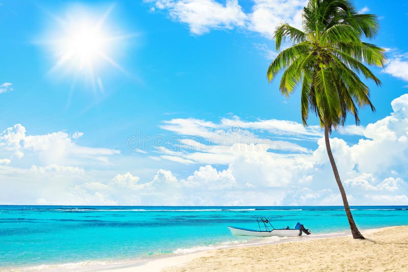 Tropical yellow sand beach landscape, turquoise sea water, blue sky,  bright sun, white clouds, palm tree, boat, summer holidays