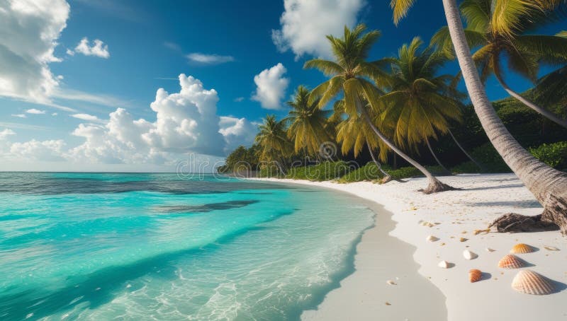 Tropikalna rajska scena plażowa z kryształowymi wodami i palmami pod błękitnym niebem ilustracji
