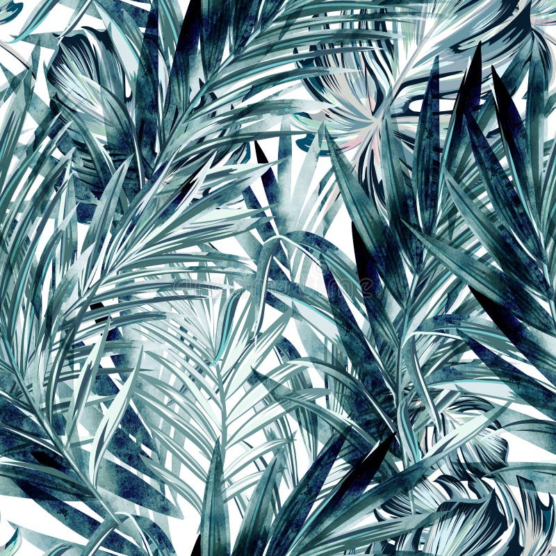 Tropical vector pattern background with green blue palm leaves in watercolor style, vacation concept. Tropical vector pattern background with green blue palm leaves in watercolor style, vacation concept