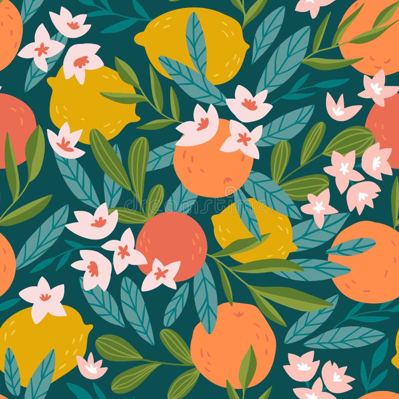 Tropikalnej owoc bezszwowy wzór Cytrusa drzewo w ręka rysującym stylu Wektorowy tkanina projekt z pomarańczami, cytrynami i kwiat