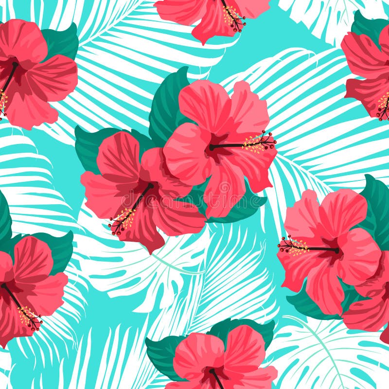 Tropical flowers and palm leaves on background. Seamless. Vector pattern. Tropical flowers and palm leaves on background. Seamless. Vector pattern.