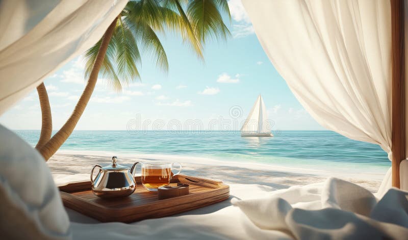 Tropikalny błogi widok na plażę z przytulnym zewnętrznym baldachimem spływającym białymi zasłonami piaszczysta plaża turkusowy oce ilustracja wektor