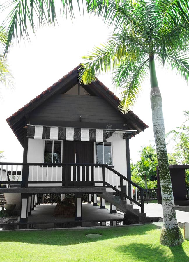 Beautiful home - A photograph of a quaint and rustic tropical style house in traditional architecture of black and white bungalows design, mounted upon wooden stilts which is distinctive style in wet humid southeast asian countries. Open airy basement. House is located among greenery of palm and landscaping plants in a lush garden. Architectures for boutique hotels in the tropics. Vertical color photo, nobody in picture. Taken on sunny day. Beautiful home - A photograph of a quaint and rustic tropical style house in traditional architecture of black and white bungalows design, mounted upon wooden stilts which is distinctive style in wet humid southeast asian countries. Open airy basement. House is located among greenery of palm and landscaping plants in a lush garden. Architectures for boutique hotels in the tropics. Vertical color photo, nobody in picture. Taken on sunny day.