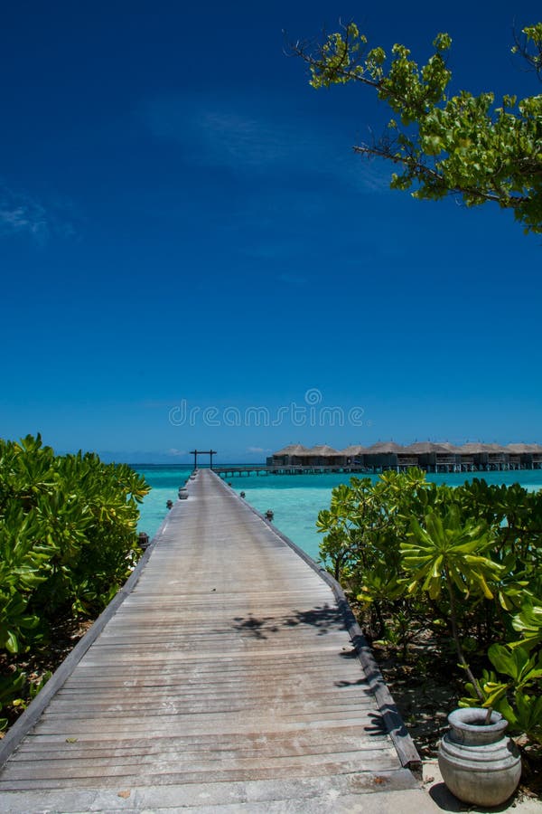 Tropikalny krajobraz z drewnianym mostem i wodnymi willami przy Maldives fotografia royalty free Tropikalny krajobraz z drewnianym mostem i wodnymi willami przy Maldives fotografia royalty free