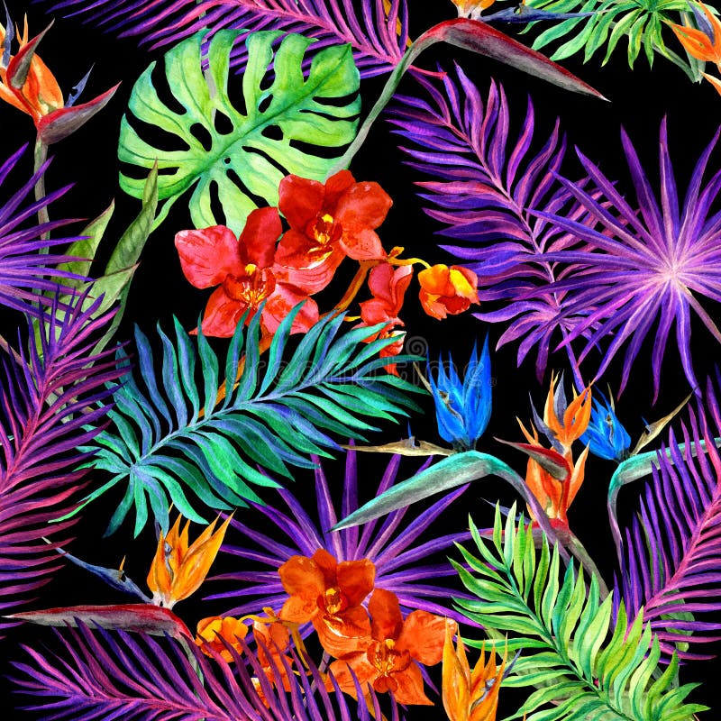 Tropikalny projekt dla mody: egzot opuszcza w neonowym świetle, orchidea kwiaty bezszwowy wzoru akwarela