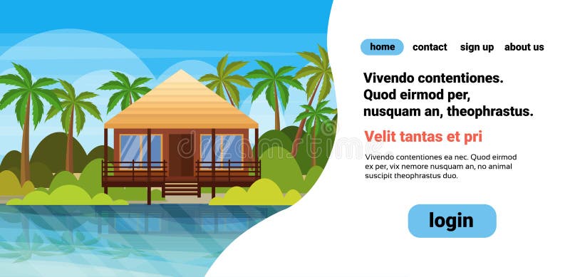 Tropikalny wyspy willi bungalowu hotel na plażowego nadmorski zieleni palm wakacje krajobrazowego pojęcia płaskiej horyzontalnej royalty ilustracja Tropikalny wyspy willi bungalowu hotel na plażowego nadmorski zieleni palm wakacje krajobrazowego pojęcia płaskiej horyzontalnej royalty ilustracja