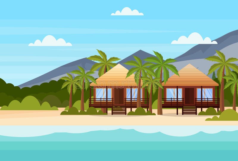Tropisch eiland met het hotel van de villa'sbungalow op van de berg groen palmen van de strandkust van de het landschapszomer vla stock illustratie Tropisch eiland met het hotel van de villa'sbungalow op van de berg groen palmen van de strandkust van de het landschapszomer vla stock illustratie