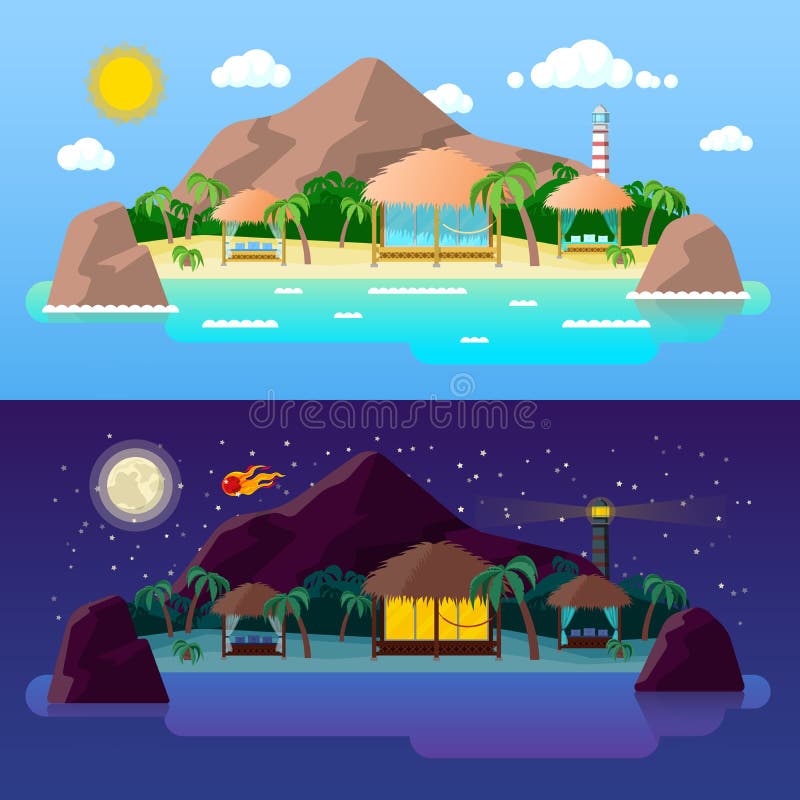 Tropisch Eilandlandschap met Bergen en Bungalowwen op het Strand bij dag en nacht stock illustratie Tropisch Eilandlandschap met Bergen en Bungalowwen op het Strand bij dag en nacht stock illustratie