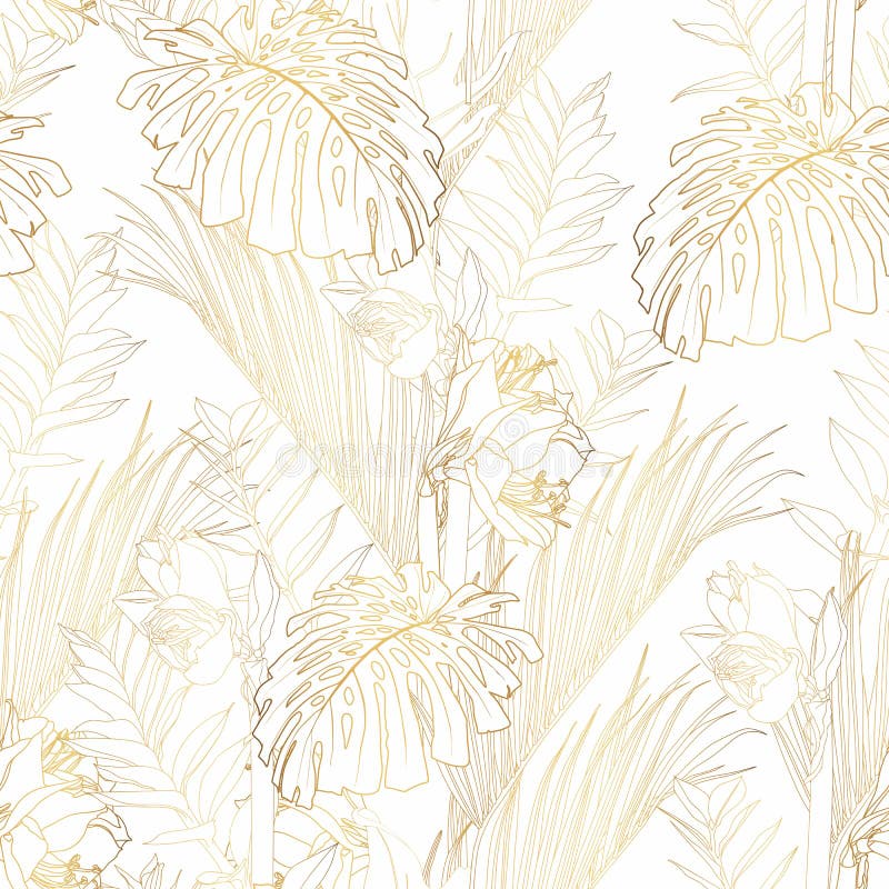 Tropisch exotisch bloemen gouden van lijnpalmbladen en bloemen naadloos patroon, witte achtergrond vector illustratie Tropisch exotisch bloemen gouden van lijnpalmbladen en bloemen naadloos patroon, witte achtergrond vector illustratie