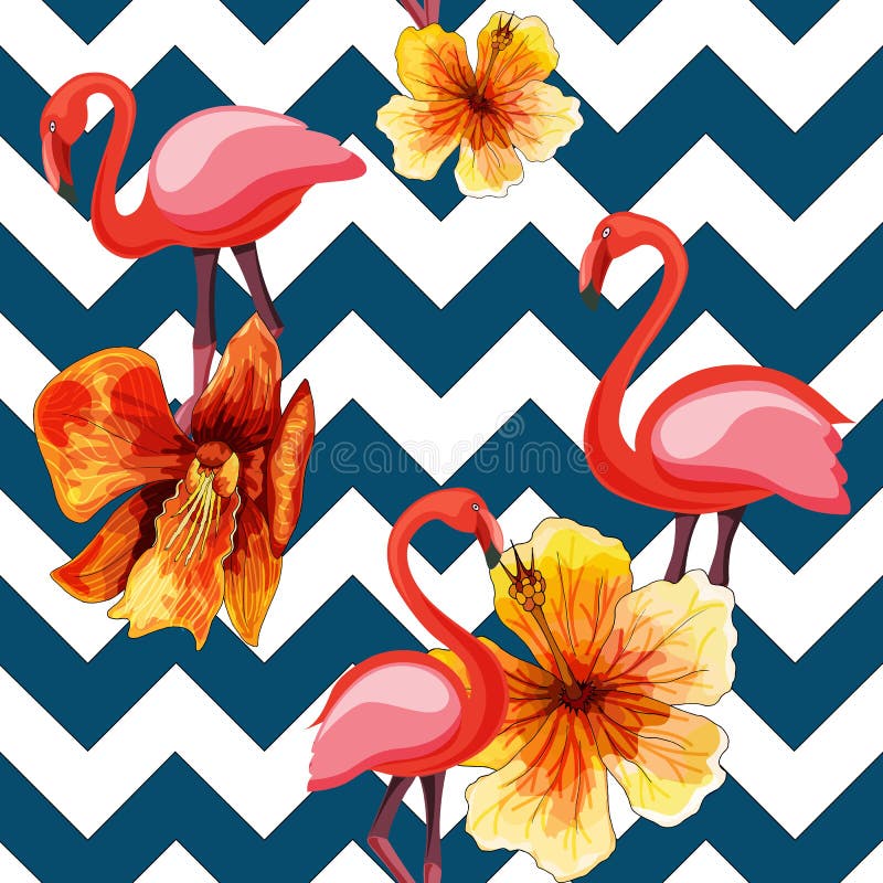 Tropisch modern naadloos patroon met roze flamingo's en bloemen op meetkunde vector illustratie Tropisch modern naadloos patroon met roze flamingo's en bloemen op meetkunde vector illustratie