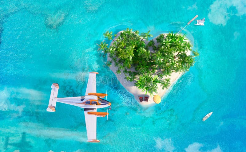 Tropisch paradijseiland met zand, palmen, bureaustoelen en vliegend vliegtuig, luchtmening stock illustratie Tropisch paradijseiland met zand, palmen, bureaustoelen en vliegend vliegtuig, luchtmening stock illustratie