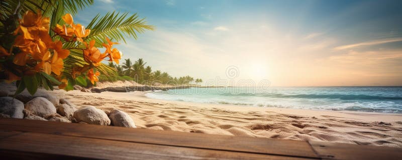 Generative AI : tropical paradise beach with white sand and coco palms travel tourism wide panorama background concept business concept. Generative AI : tropical paradise beach with white sand and coco palms travel tourism wide panorama background concept business concept.