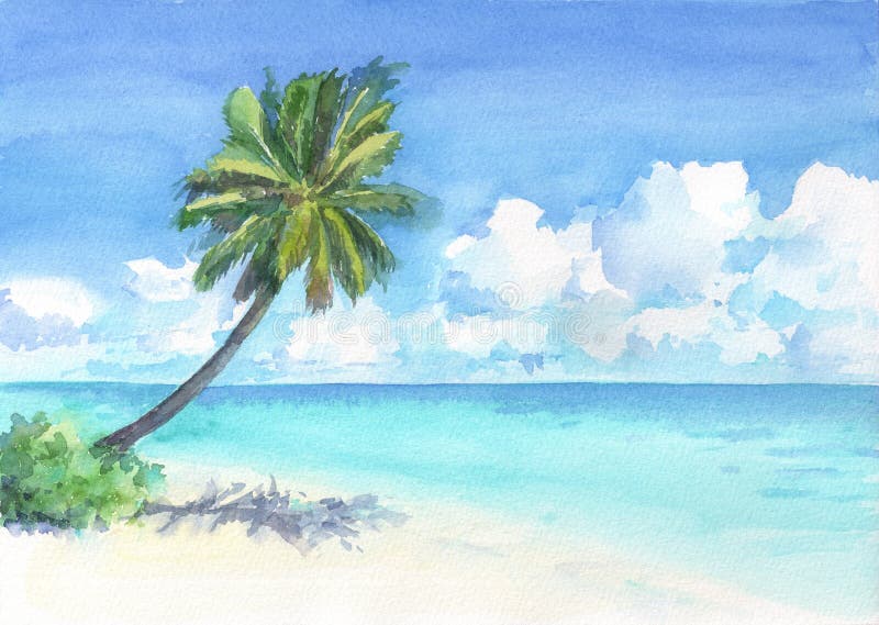 Tropisch strand met palm Waterverfhand getrokken illustratie stock illustratie Tropisch strand met palm Waterverfhand getrokken illustratie stock illustratie