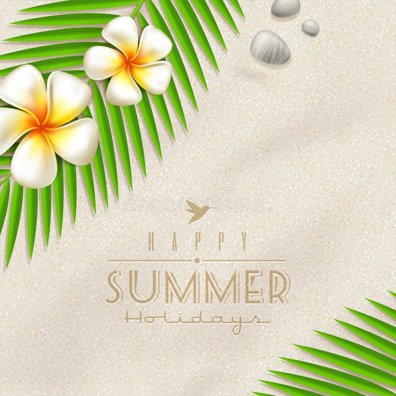 Tropische bloemen en palmtakken op een strandzand royalty-vrije illustratie Tropische bloemen en palmtakken op een strandzand royalty-vrije illustratie