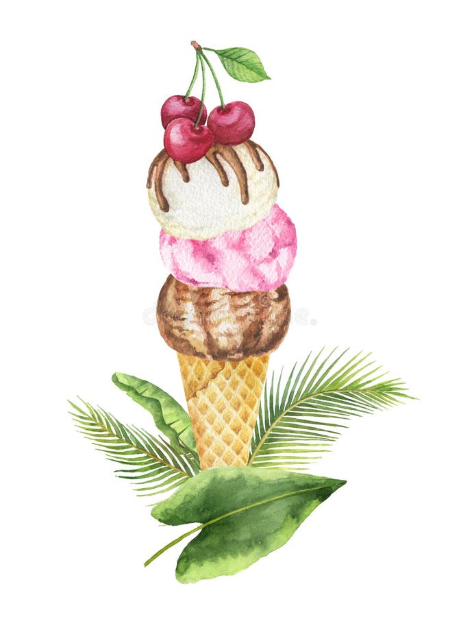 Tropische Blätter des Aquarells und Waffelkegel mit der Schokoladen-, Vanille- und FruchtEiscreme verziert mit Kirschen lizenzfreie abbildung Tropische Blätter des Aquarells und Waffelkegel mit der Schokoladen-, Vanille- und FruchtEiscreme verziert mit Kirschen lizenzfreie abbildung