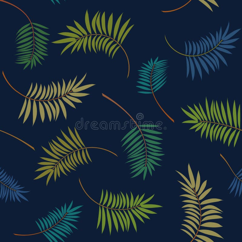 Tropische kleurrijke palmbladen op de donkerblauwe achtergrond Vector in naadloos patroon royalty-vrije illustratie Tropische kleurrijke palmbladen op de donkerblauwe achtergrond Vector in naadloos patroon royalty-vrije illustratie