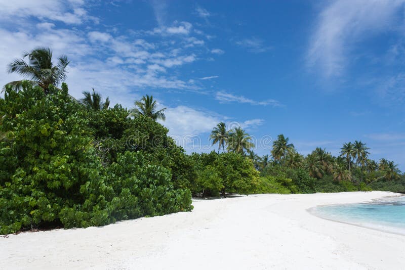 Tropische Malediven-Insel mit weißem sandigem Strand mit Palmen und klarem Wasser des Türkises und blauem Himmel am sonnigen Tag stockfotos Tropische Malediven-Insel mit weißem sandigem Strand mit Palmen und klarem Wasser des Türkises und blauem Himmel am sonnigen Tag stockfotos
