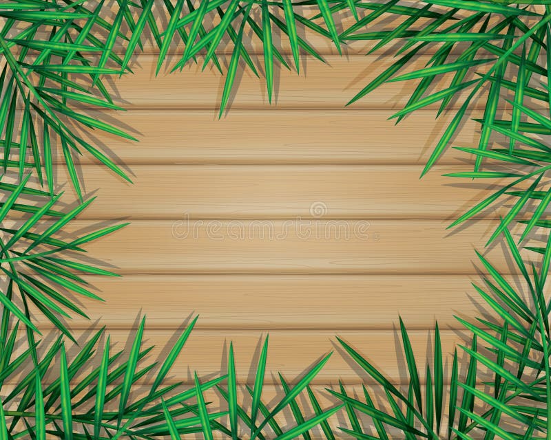 Tropische palmbladen en wildernisinstallaties op houten planken royalty-vrije illustratie Tropische palmbladen en wildernisinstallaties op houten planken royalty-vrije illustratie
