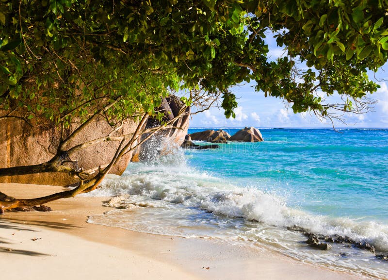 Tropische strandBron D'Argent in Seychellen royalty-vrije stock fotografie Tropische strandBron D'Argent in Seychellen royalty-vrije stock fotografie