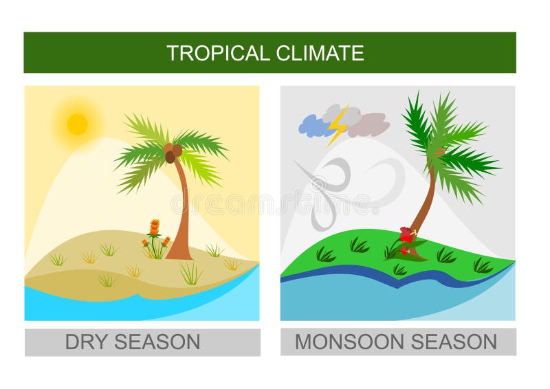Tropische weerpictogrammen, nat moessonseizoen en droog seizoen
