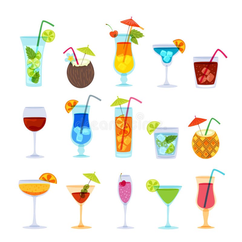 Tropischer Cocktail-, Saft-, Wein- und Champagnerglassatz Gezeichnete Gekritzelillustration des Vektors Hand stock abbildung