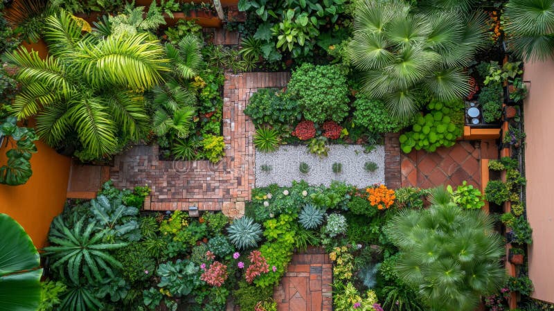 Tropischer Garten mit Brillenpfaden Luftsicht lizenzfreie abbildung