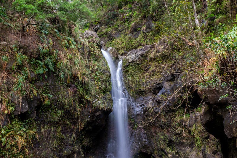 Tropischer Wasserfall auf der Insel von Maui, Hawaii lizenzfreies stockbild Tropischer Wasserfall auf der Insel von Maui, Hawaii lizenzfreies stockbild
