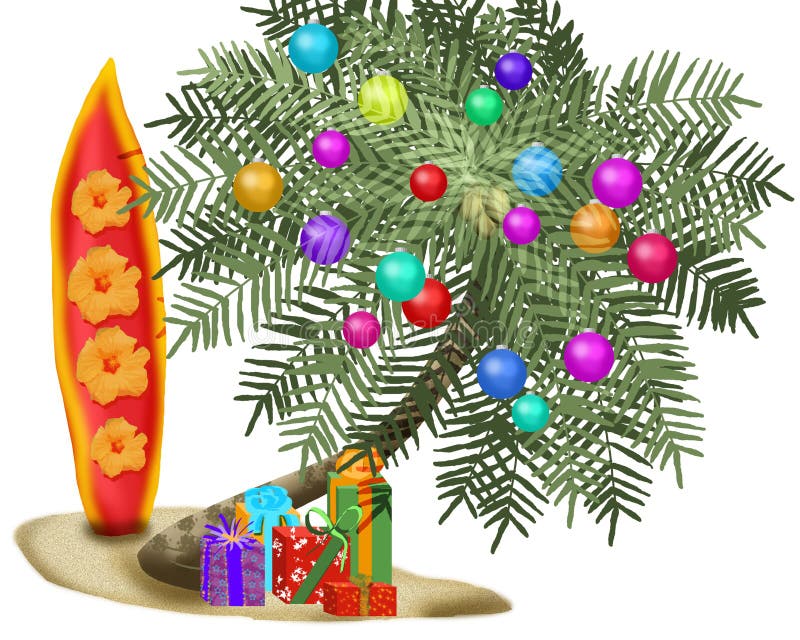 Illustration of a palm tree decorated for Christmas, with a surfboard upright beside it. Illustration of a palm tree decorated for Christmas, with a surfboard upright beside it.