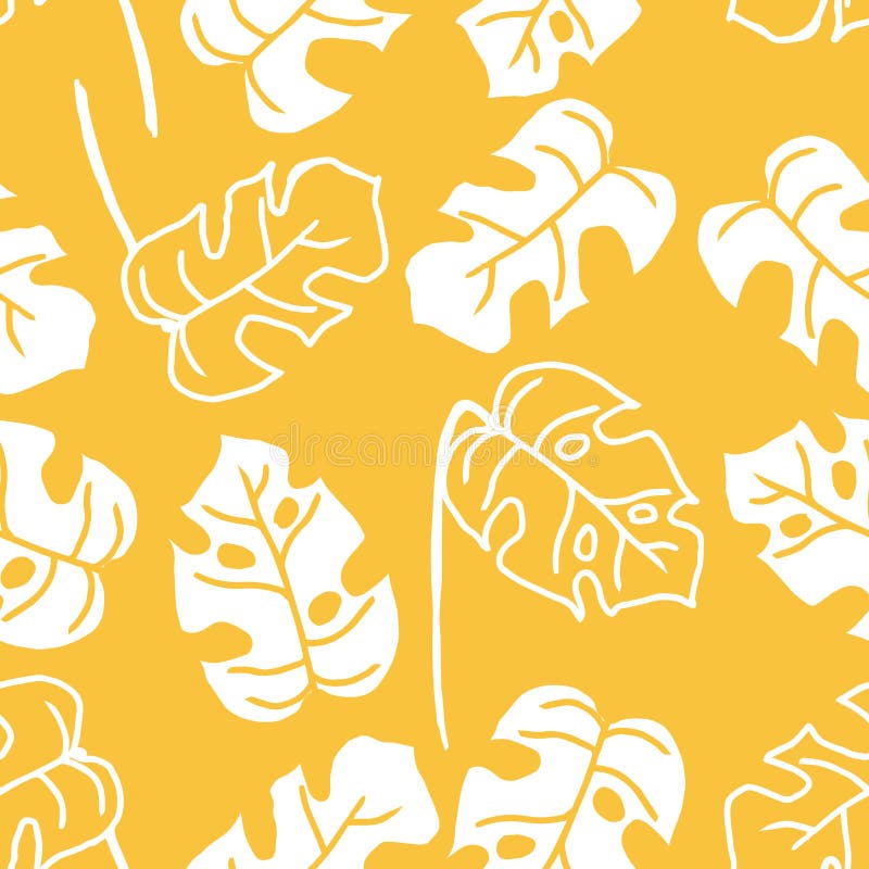 Tropisk palmbladmonsterahand som dras i vita linjer på orange bakgrund Sömlös modell av djungelväxter i enkel stil vektor illustrationer Tropisk palmbladmonsterahand som dras i vita linjer på orange bakgrund Sömlös modell av djungelväxter i enkel stil vektor illustrationer