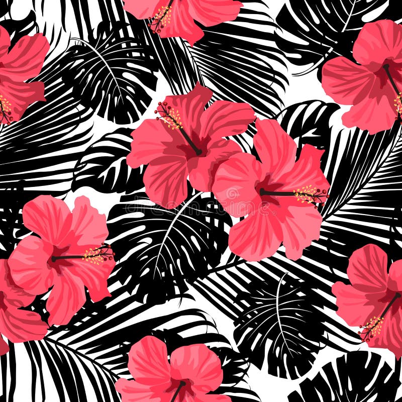 Tropiska korallblommor och sidor på svartvit bakgrund vektor illustrationer