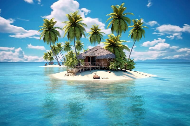 Tropiska öar med palmstrand och bungalow omringad blå vattengenerativ ai arkivfoto