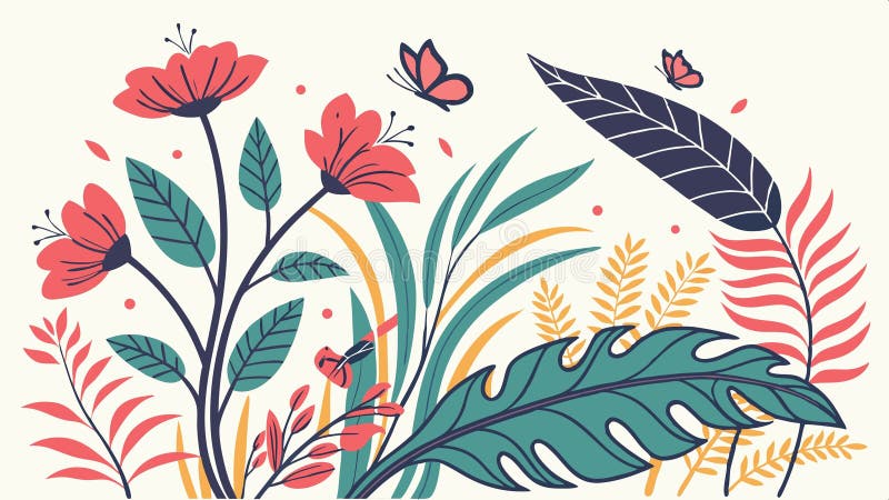 Tropiskt botaniskt utformat med blad och en delikat fjärilvektor för generativ AI royaltyfri illustrationer