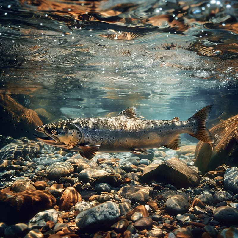 Trout in the clear water river. Generative Ai royalty free illustration