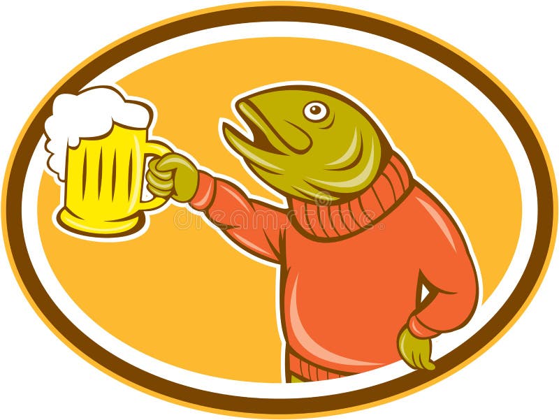 Download Trout Fish Holding Beer Mug Oval Cartoon Stock Vector ...