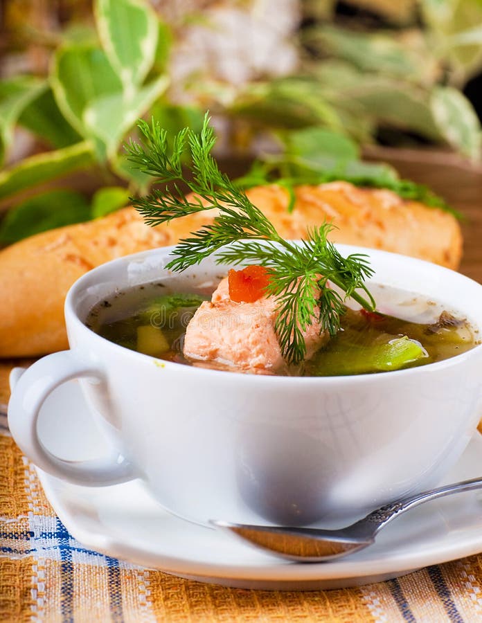 Trout soup and bread with fennel