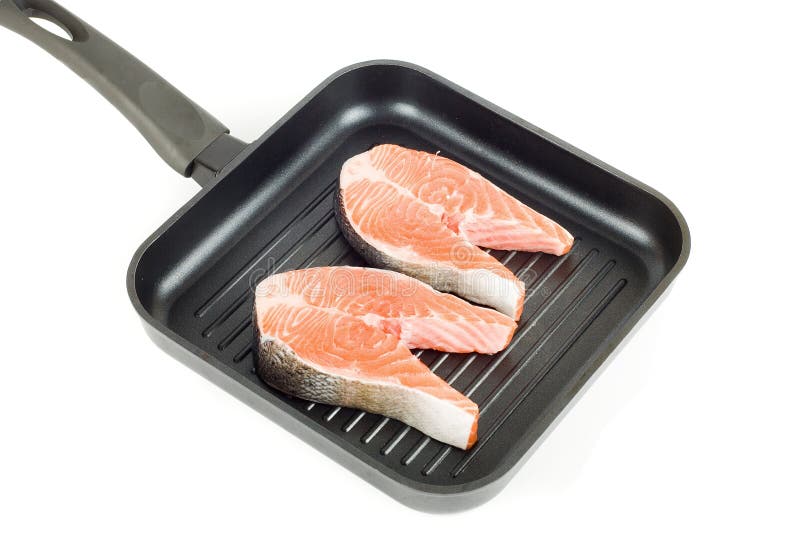 Trout steak at grill pan stock photo. Image of meat, close 12459940