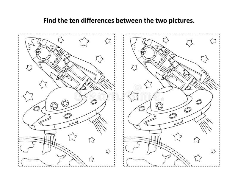 Trovare il puzzle visivo delle differenze e la pagina di colorazione con la navicella spaziale ufo