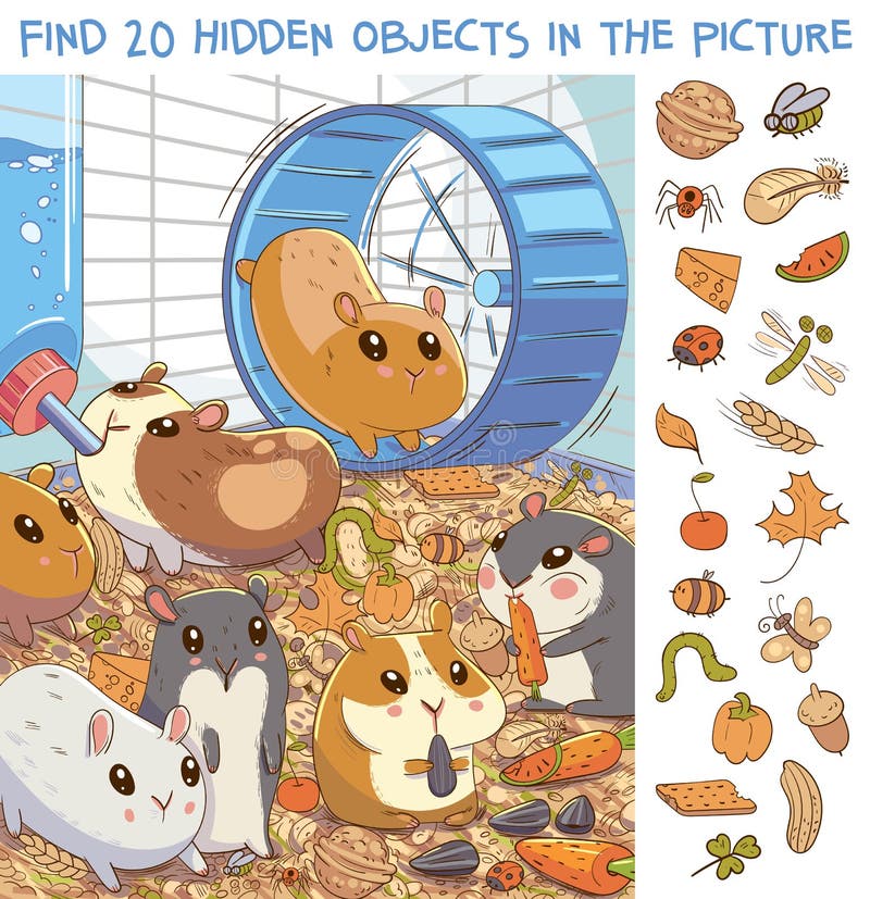 Trovare 20 oggetti nascosti nell'immagine. criceti in gabbia