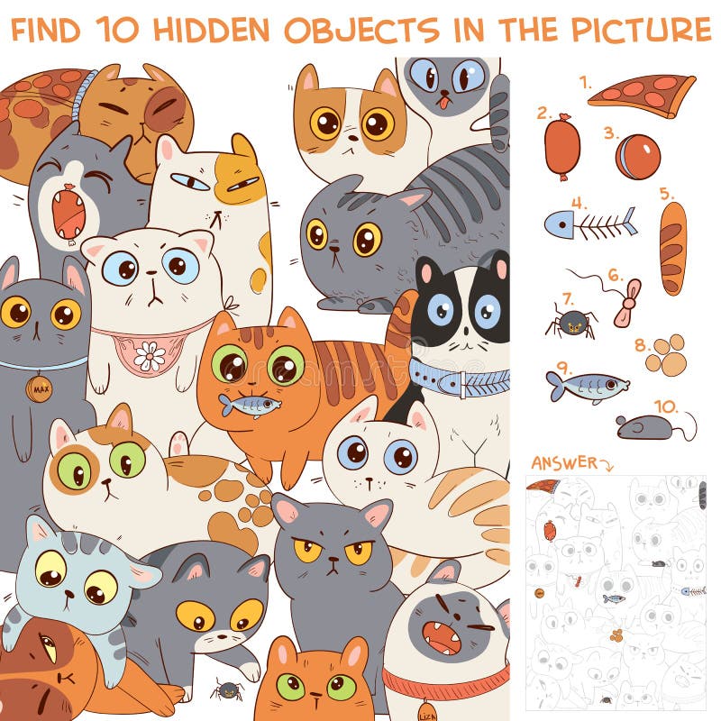 Trovare 10 oggetti nascosti nell'immagine. gruppo di gatti diversi