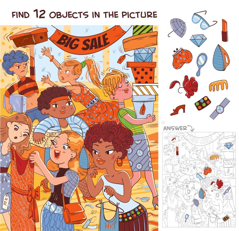 Trovare 12 oggetti nell'immagine. donne durante la grande vendita