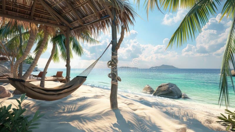 Find serenity in a secluded beachside cabana, hammocks ready among the palm trees. Private retreats. AI generated. Find serenity in a secluded beachside cabana, hammocks ready among the palm trees. Private retreats. AI generated