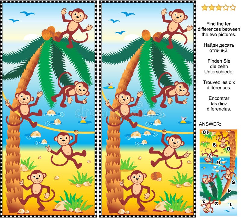 Trovi il puzzle dell'immagine di differenze - le scimmie, la spiaggia, cocco