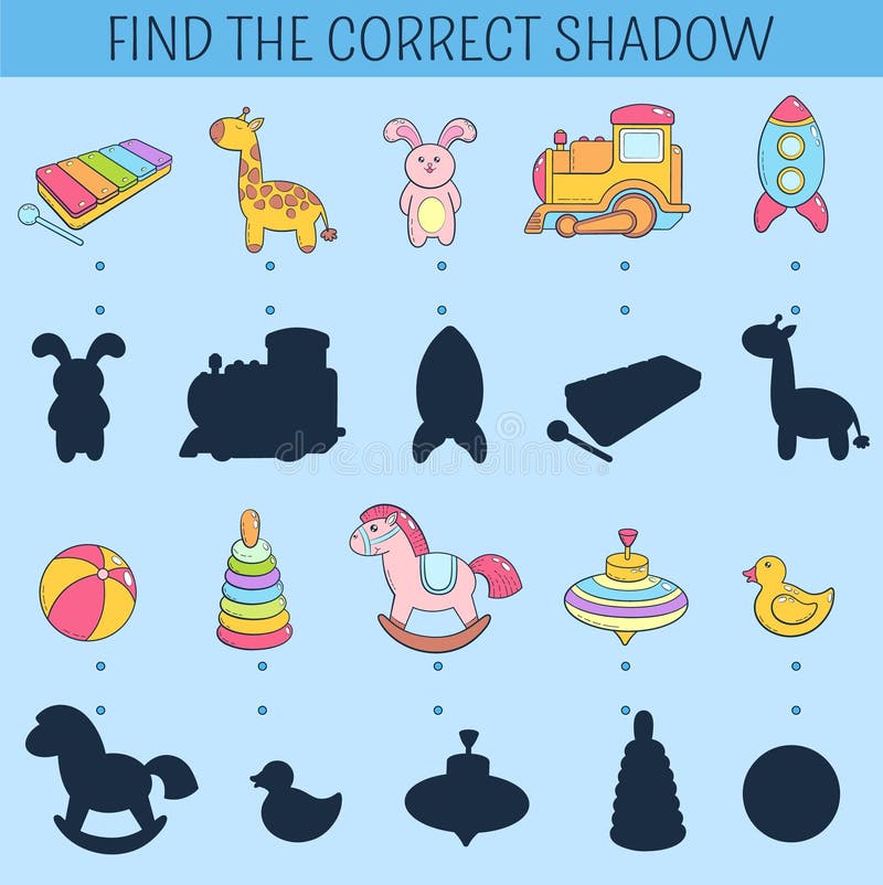 Trovi l'ombra corretta Gioco educativo per i bambini Illustrazione disegnata a mano di scarabocchio di vettore Il fumetto scherza illustrazione vettoriale Trovi l'ombra corretta Gioco educativo per i bambini Illustrazione disegnata a mano di scarabocchio di vettore Il fumetto scherza illustrazione vettoriale