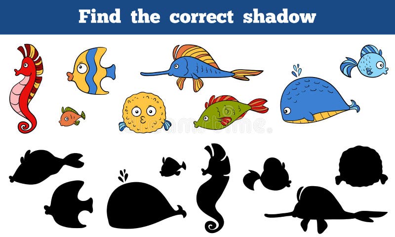 Trovi l'ombra corretta (vita di mare, pesce, cavalluccio marino, balena)