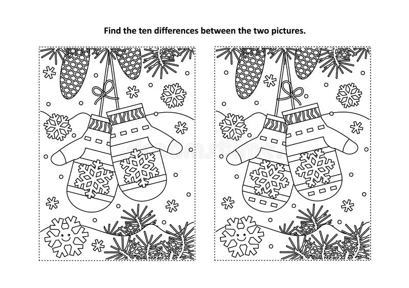 Trovi la pagina visiva di puzzle e di coloritura di differenze con i guanti del ` s di Santa royalty illustrazione gratis Trovi la pagina visiva di puzzle e di coloritura di differenze con i guanti del ` s di Santa royalty illustrazione gratis