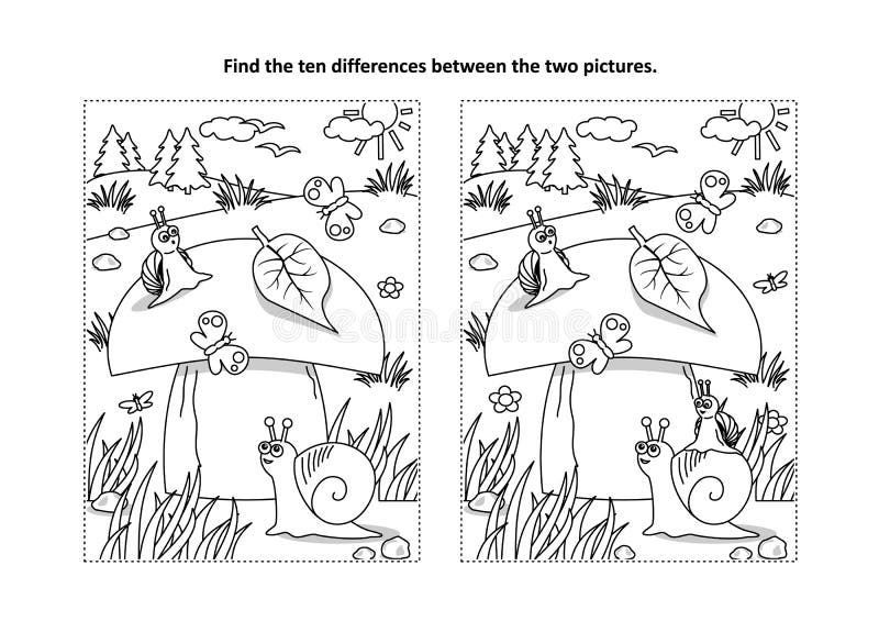 Trovi la pagina visiva di puzzle e di coloritura di differenze con il fungo e le lumache