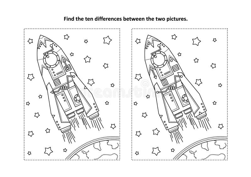 Trovi la pagina visiva di puzzle e di coloritura di differenze con il razzo o l'astronave illustrazione di stock Trovi la pagina visiva di puzzle e di coloritura di differenze con il razzo o l'astronave illustrazione di stock