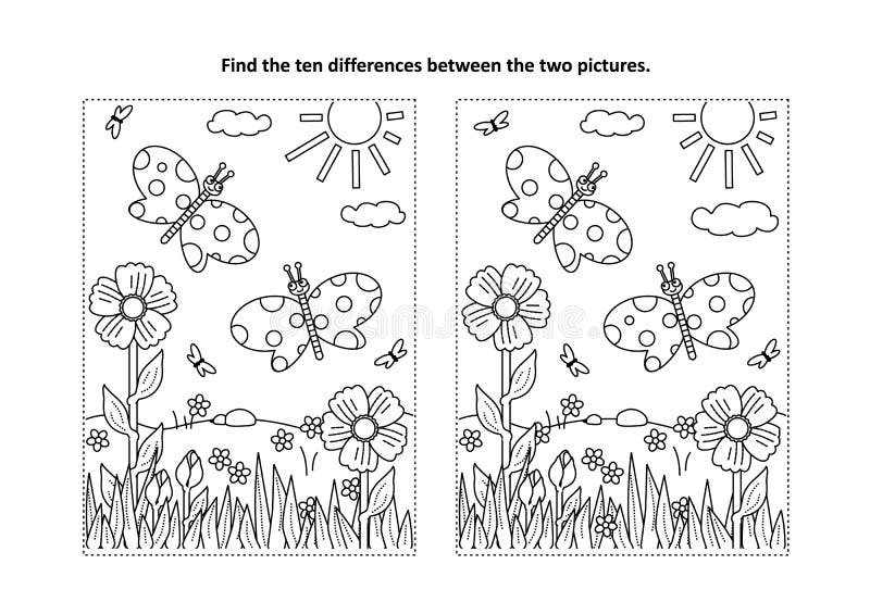 Trovi la pagina visiva di puzzle e di coloritura di differenze con le farfalle illustrazione di stock