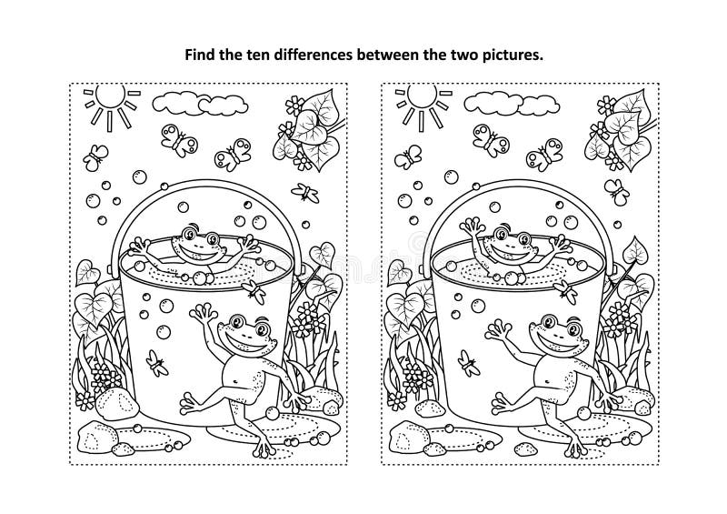 Trovi la pagina visiva di puzzle e di coloritura di differenze con le rane in un secchio