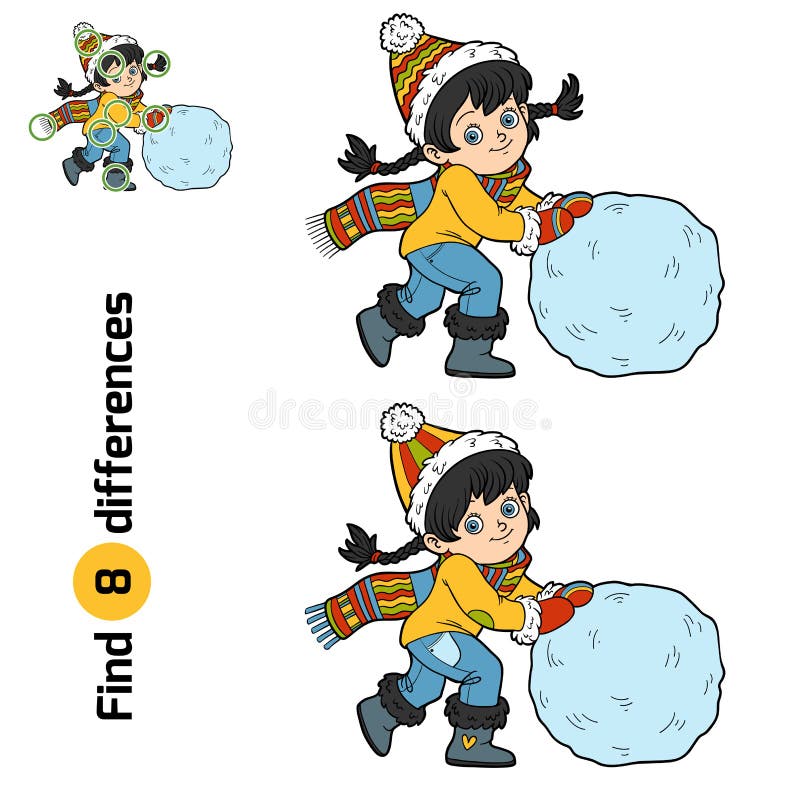 Trovi le differenze, la ragazza e una palla di neve illustrazione di stock Trovi le differenze, la ragazza e una palla di neve illustrazione di stock